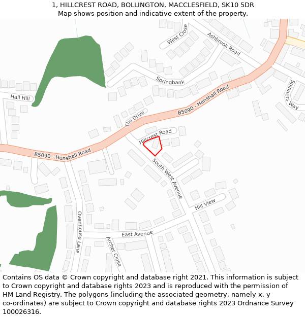 1, HILLCREST ROAD, BOLLINGTON, MACCLESFIELD, SK10 5DR: Location map and indicative extent of plot