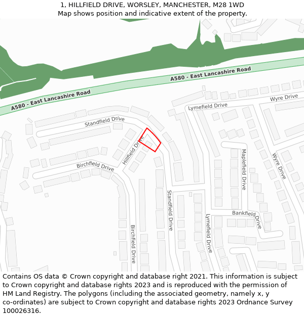 1, HILLFIELD DRIVE, WORSLEY, MANCHESTER, M28 1WD: Location map and indicative extent of plot