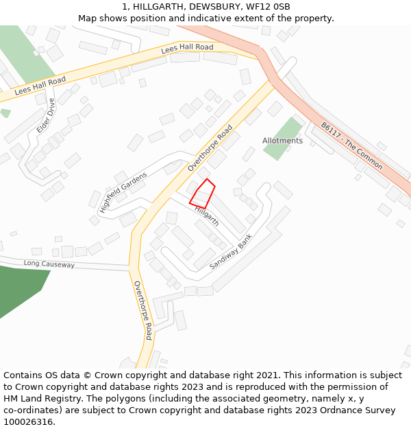 1, HILLGARTH, DEWSBURY, WF12 0SB: Location map and indicative extent of plot