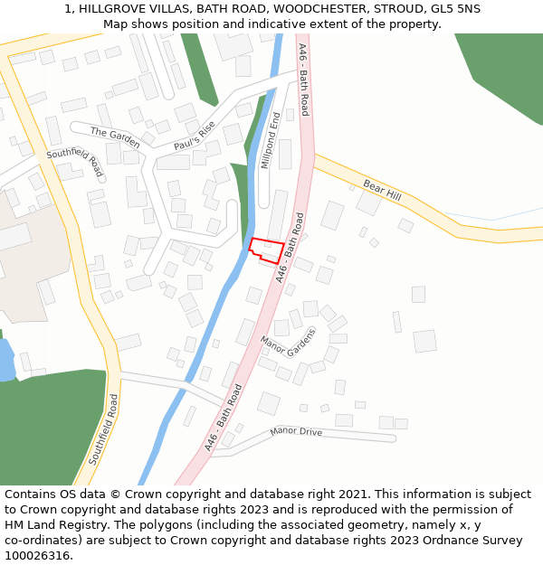 1, HILLGROVE VILLAS, BATH ROAD, WOODCHESTER, STROUD, GL5 5NS: Location map and indicative extent of plot