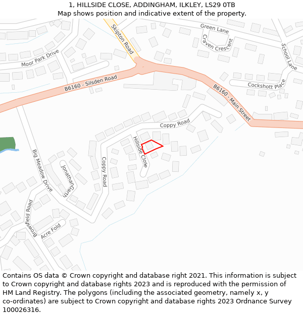 1, HILLSIDE CLOSE, ADDINGHAM, ILKLEY, LS29 0TB: Location map and indicative extent of plot