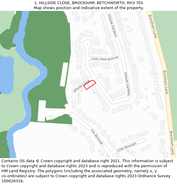 1, HILLSIDE CLOSE, BROCKHAM, BETCHWORTH, RH3 7ES: Location map and indicative extent of plot