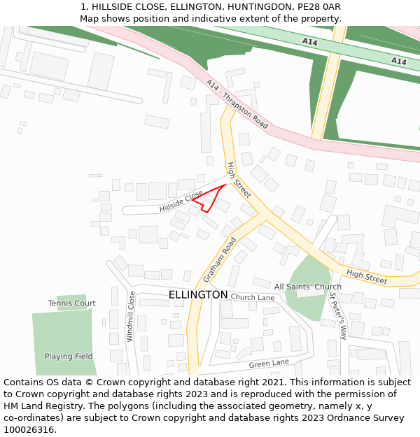 1, HILLSIDE CLOSE, ELLINGTON, HUNTINGDON, PE28 0AR: Location map and indicative extent of plot