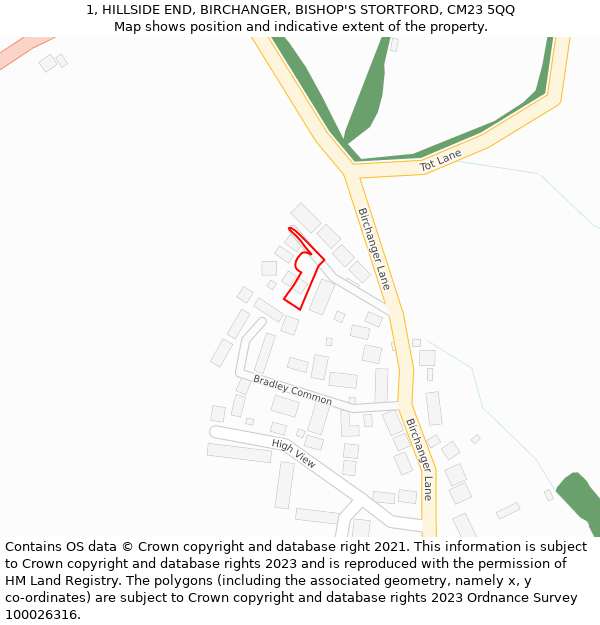 1, HILLSIDE END, BIRCHANGER, BISHOP'S STORTFORD, CM23 5QQ: Location map and indicative extent of plot