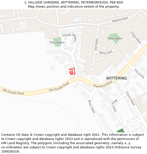 1, HILLSIDE GARDENS, WITTERING, PETERBOROUGH, PE8 6DX: Location map and indicative extent of plot