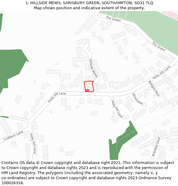 1, HILLSIDE MEWS, SARISBURY GREEN, SOUTHAMPTON, SO31 7LQ: Location map and indicative extent of plot