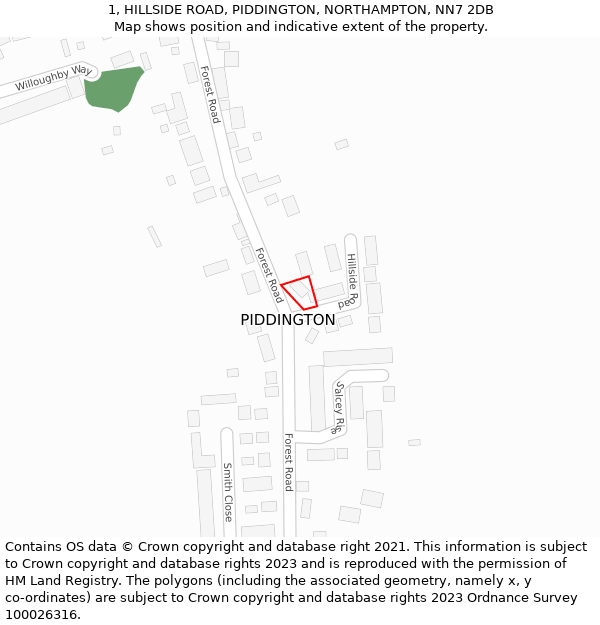 1, HILLSIDE ROAD, PIDDINGTON, NORTHAMPTON, NN7 2DB: Location map and indicative extent of plot
