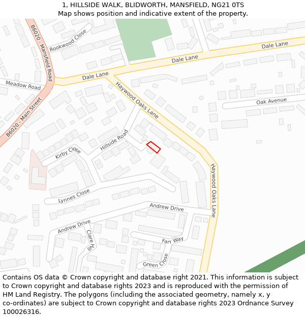 1, HILLSIDE WALK, BLIDWORTH, MANSFIELD, NG21 0TS: Location map and indicative extent of plot