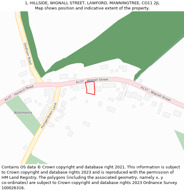 1, HILLSIDE, WIGNALL STREET, LAWFORD, MANNINGTREE, CO11 2JL: Location map and indicative extent of plot