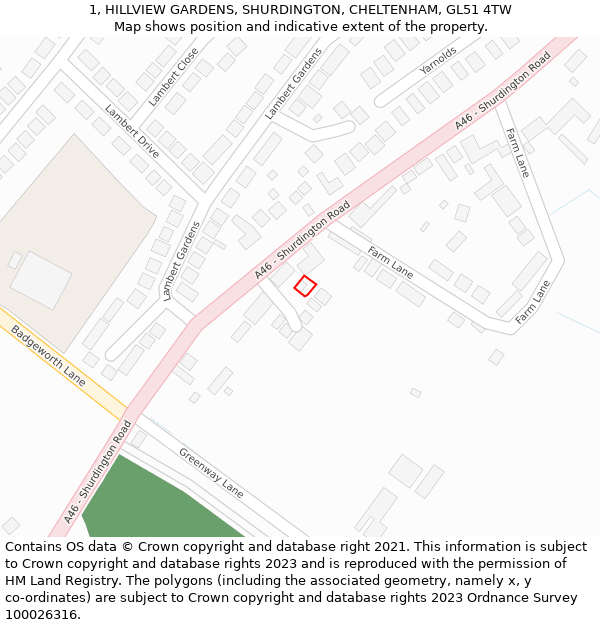 1, HILLVIEW GARDENS, SHURDINGTON, CHELTENHAM, GL51 4TW: Location map and indicative extent of plot