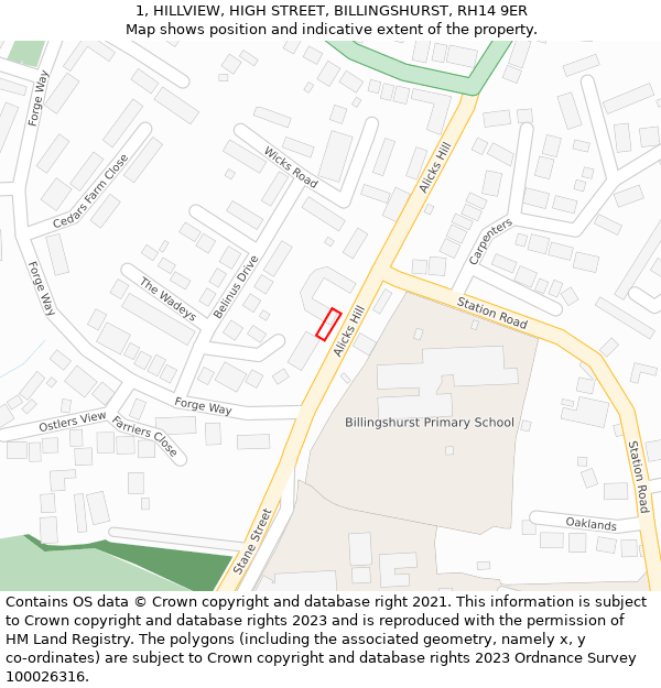 1, HILLVIEW, HIGH STREET, BILLINGSHURST, RH14 9ER: Location map and indicative extent of plot