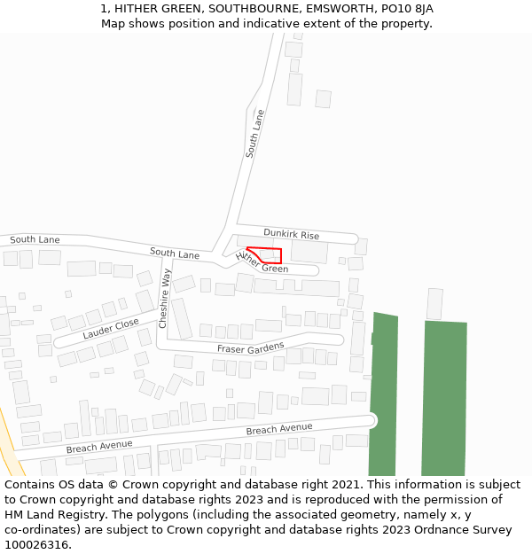 1, HITHER GREEN, SOUTHBOURNE, EMSWORTH, PO10 8JA: Location map and indicative extent of plot