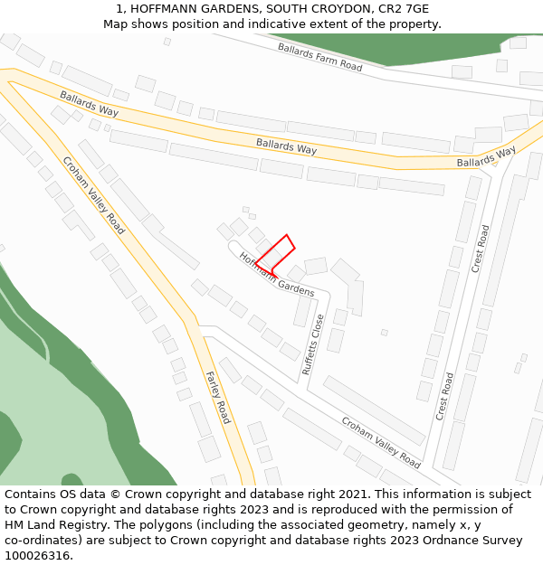 1, HOFFMANN GARDENS, SOUTH CROYDON, CR2 7GE: Location map and indicative extent of plot