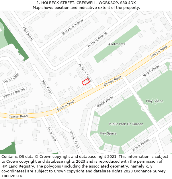 1, HOLBECK STREET, CRESWELL, WORKSOP, S80 4DX: Location map and indicative extent of plot