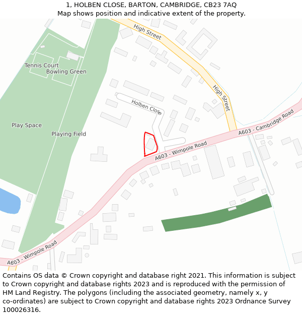 1, HOLBEN CLOSE, BARTON, CAMBRIDGE, CB23 7AQ: Location map and indicative extent of plot