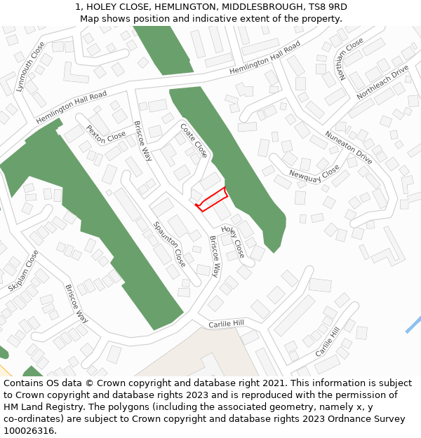 1, HOLEY CLOSE, HEMLINGTON, MIDDLESBROUGH, TS8 9RD: Location map and indicative extent of plot