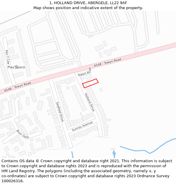 1, HOLLAND DRIVE, ABERGELE, LL22 9AF: Location map and indicative extent of plot