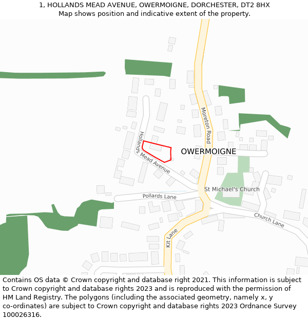 1, HOLLANDS MEAD AVENUE, OWERMOIGNE, DORCHESTER, DT2 8HX: Location map and indicative extent of plot