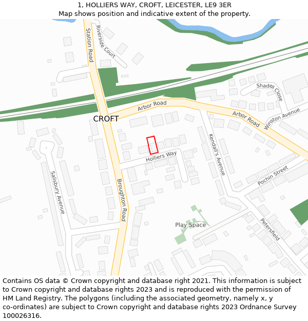 1, HOLLIERS WAY, CROFT, LEICESTER, LE9 3ER: Location map and indicative extent of plot