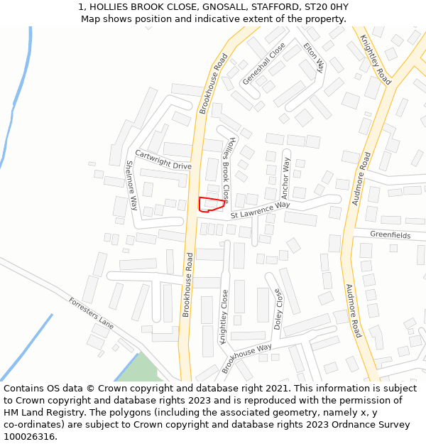 1, HOLLIES BROOK CLOSE, GNOSALL, STAFFORD, ST20 0HY: Location map and indicative extent of plot