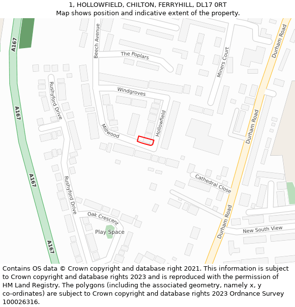 1, HOLLOWFIELD, CHILTON, FERRYHILL, DL17 0RT: Location map and indicative extent of plot