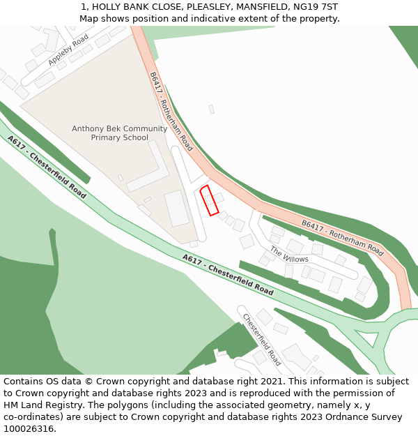 1, HOLLY BANK CLOSE, PLEASLEY, MANSFIELD, NG19 7ST: Location map and indicative extent of plot