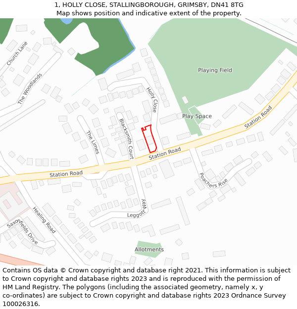 1, HOLLY CLOSE, STALLINGBOROUGH, GRIMSBY, DN41 8TG: Location map and indicative extent of plot