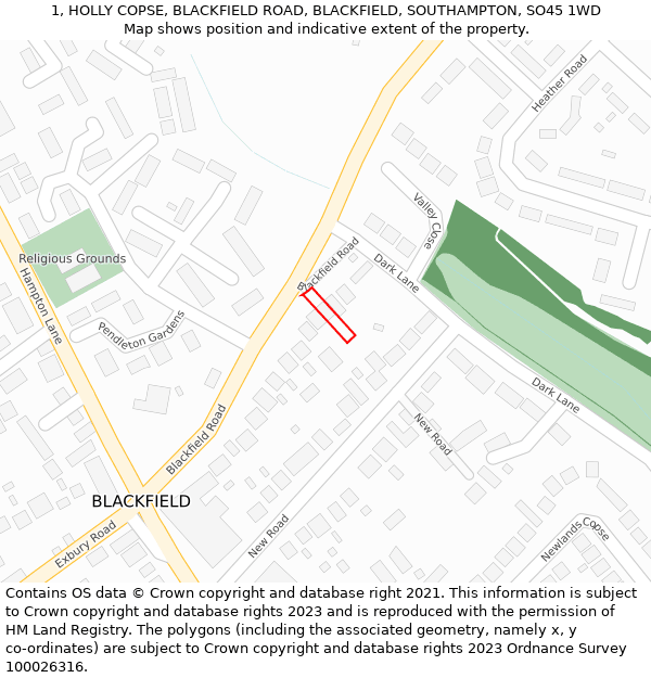 1, HOLLY COPSE, BLACKFIELD ROAD, BLACKFIELD, SOUTHAMPTON, SO45 1WD: Location map and indicative extent of plot