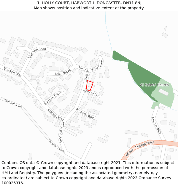 1, HOLLY COURT, HARWORTH, DONCASTER, DN11 8NJ: Location map and indicative extent of plot