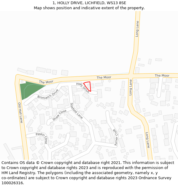 1, HOLLY DRIVE, LICHFIELD, WS13 8SE: Location map and indicative extent of plot