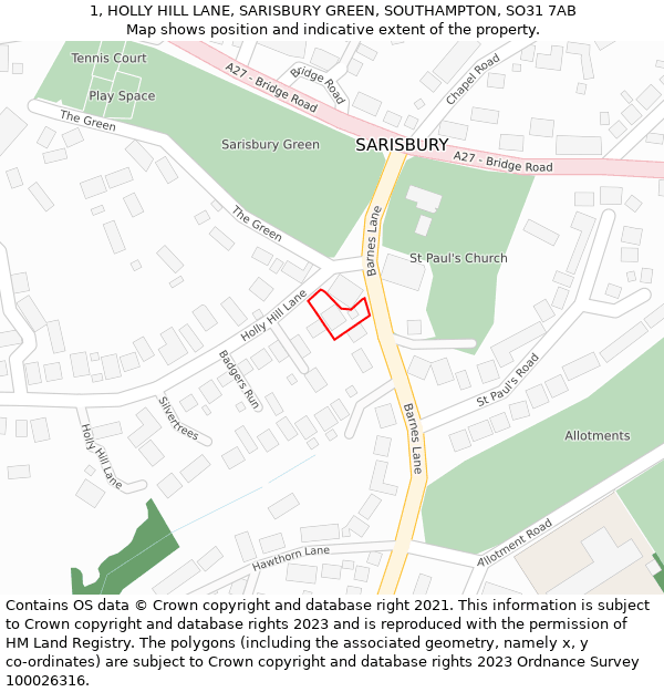 1, HOLLY HILL LANE, SARISBURY GREEN, SOUTHAMPTON, SO31 7AB: Location map and indicative extent of plot