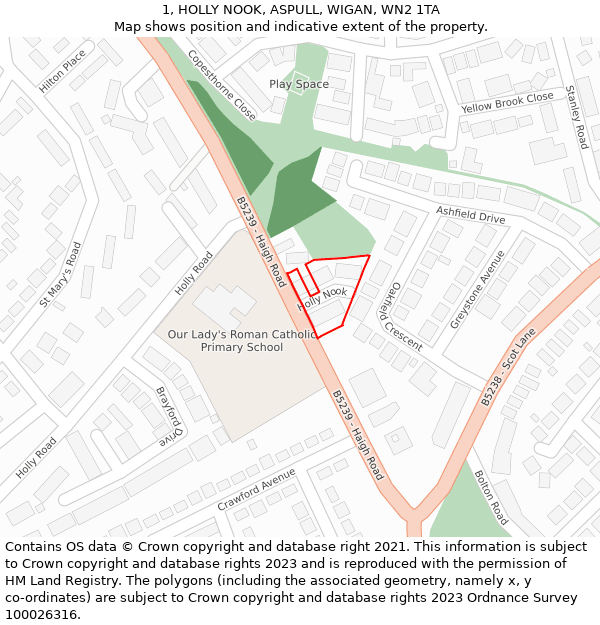 1, HOLLY NOOK, ASPULL, WIGAN, WN2 1TA: Location map and indicative extent of plot