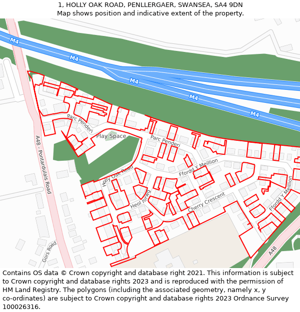 1, HOLLY OAK ROAD, PENLLERGAER, SWANSEA, SA4 9DN: Location map and indicative extent of plot