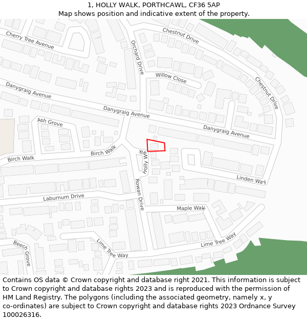 1, HOLLY WALK, PORTHCAWL, CF36 5AP: Location map and indicative extent of plot