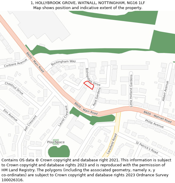 1, HOLLYBROOK GROVE, WATNALL, NOTTINGHAM, NG16 1LF: Location map and indicative extent of plot