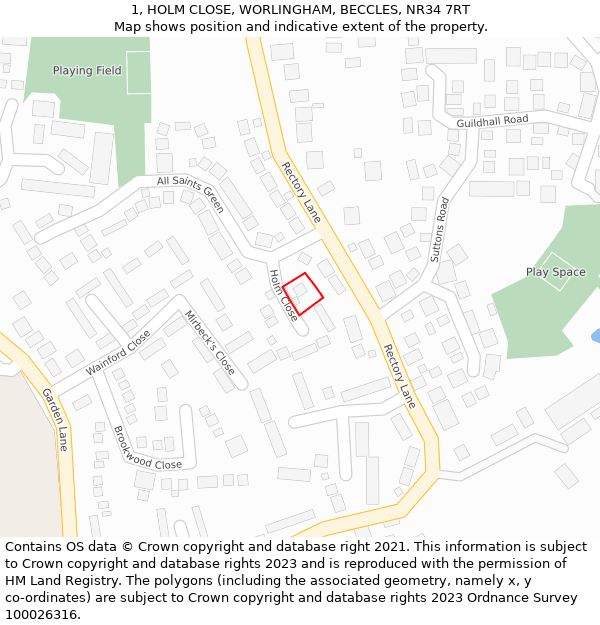 1, HOLM CLOSE, WORLINGHAM, BECCLES, NR34 7RT: Location map and indicative extent of plot