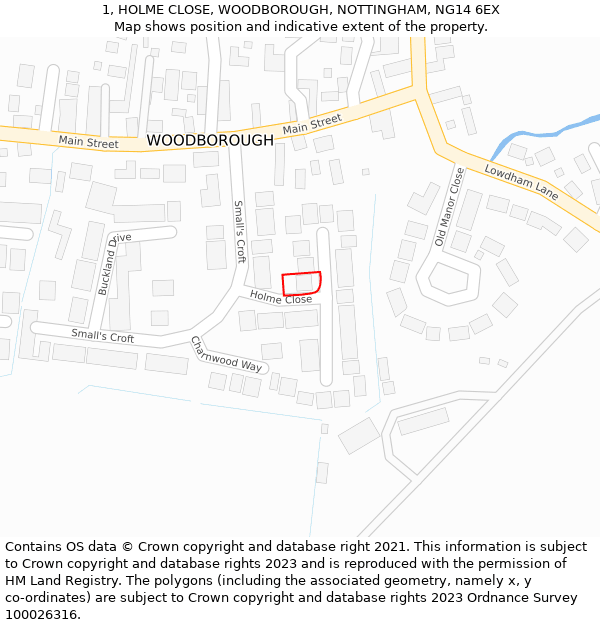 1, HOLME CLOSE, WOODBOROUGH, NOTTINGHAM, NG14 6EX: Location map and indicative extent of plot