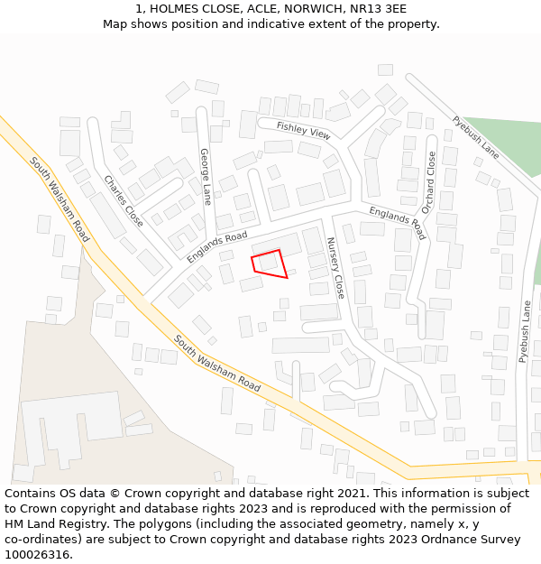 1, HOLMES CLOSE, ACLE, NORWICH, NR13 3EE: Location map and indicative extent of plot