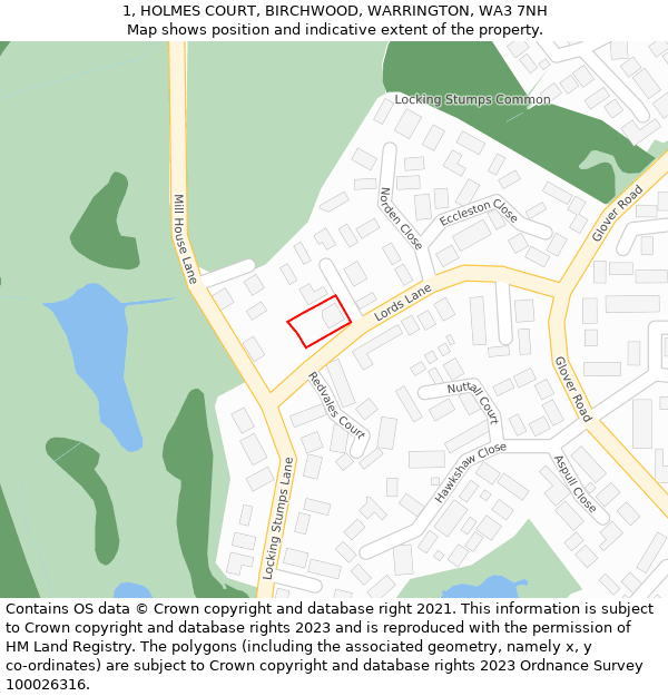 1, HOLMES COURT, BIRCHWOOD, WARRINGTON, WA3 7NH: Location map and indicative extent of plot