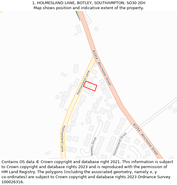 1, HOLMESLAND LANE, BOTLEY, SOUTHAMPTON, SO30 2EH: Location map and indicative extent of plot