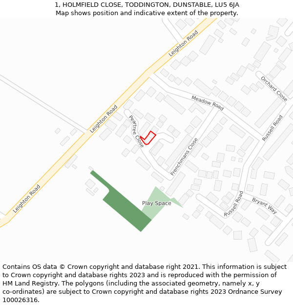 1, HOLMFIELD CLOSE, TODDINGTON, DUNSTABLE, LU5 6JA: Location map and indicative extent of plot