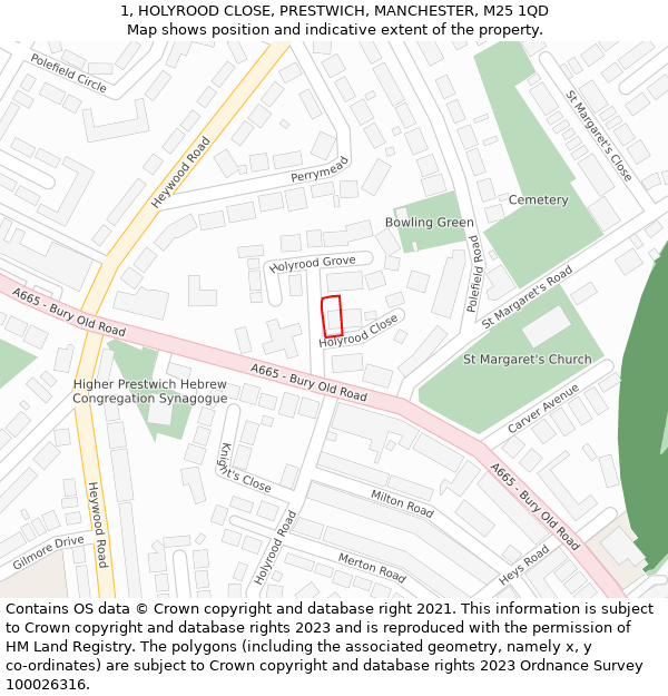 1, HOLYROOD CLOSE, PRESTWICH, MANCHESTER, M25 1QD: Location map and indicative extent of plot