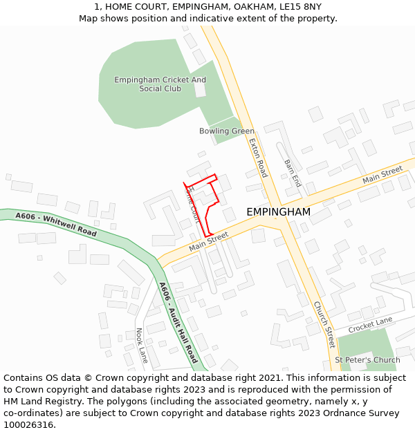 1, HOME COURT, EMPINGHAM, OAKHAM, LE15 8NY: Location map and indicative extent of plot