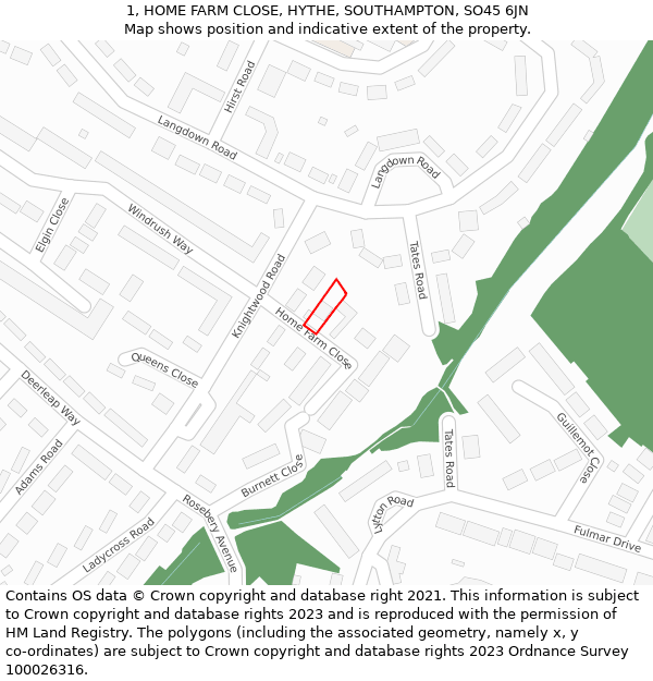 1, HOME FARM CLOSE, HYTHE, SOUTHAMPTON, SO45 6JN: Location map and indicative extent of plot