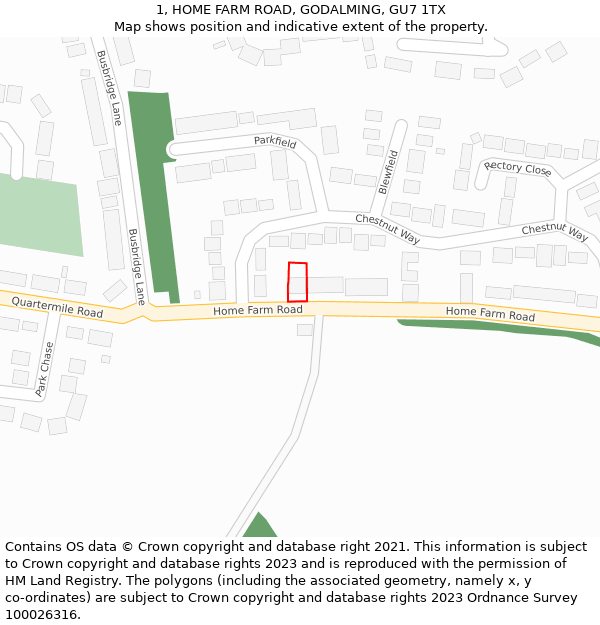 1, HOME FARM ROAD, GODALMING, GU7 1TX: Location map and indicative extent of plot