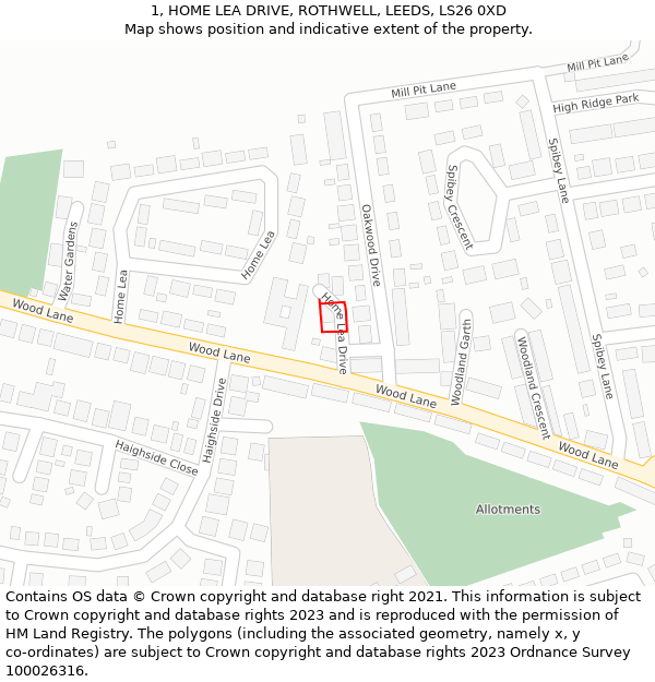 1, HOME LEA DRIVE, ROTHWELL, LEEDS, LS26 0XD: Location map and indicative extent of plot