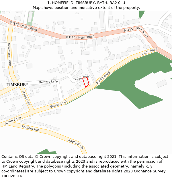 1, HOMEFIELD, TIMSBURY, BATH, BA2 0LU: Location map and indicative extent of plot