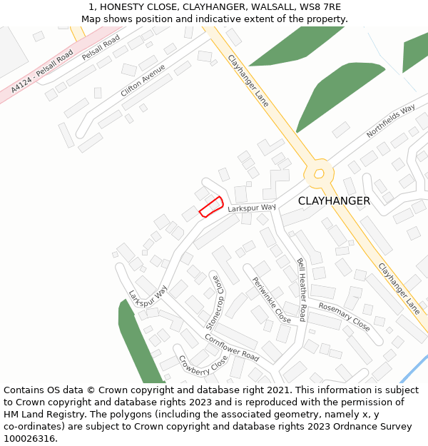 1, HONESTY CLOSE, CLAYHANGER, WALSALL, WS8 7RE: Location map and indicative extent of plot