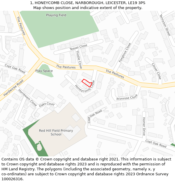 1, HONEYCOMB CLOSE, NARBOROUGH, LEICESTER, LE19 3PS: Location map and indicative extent of plot