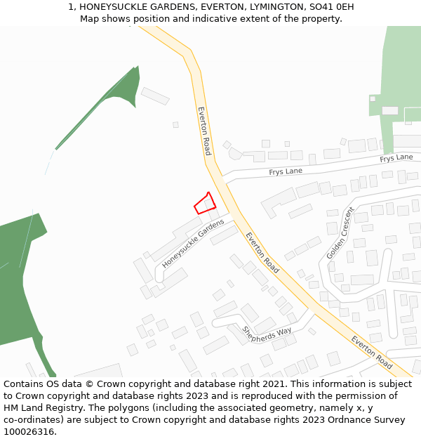 1, HONEYSUCKLE GARDENS, EVERTON, LYMINGTON, SO41 0EH: Location map and indicative extent of plot